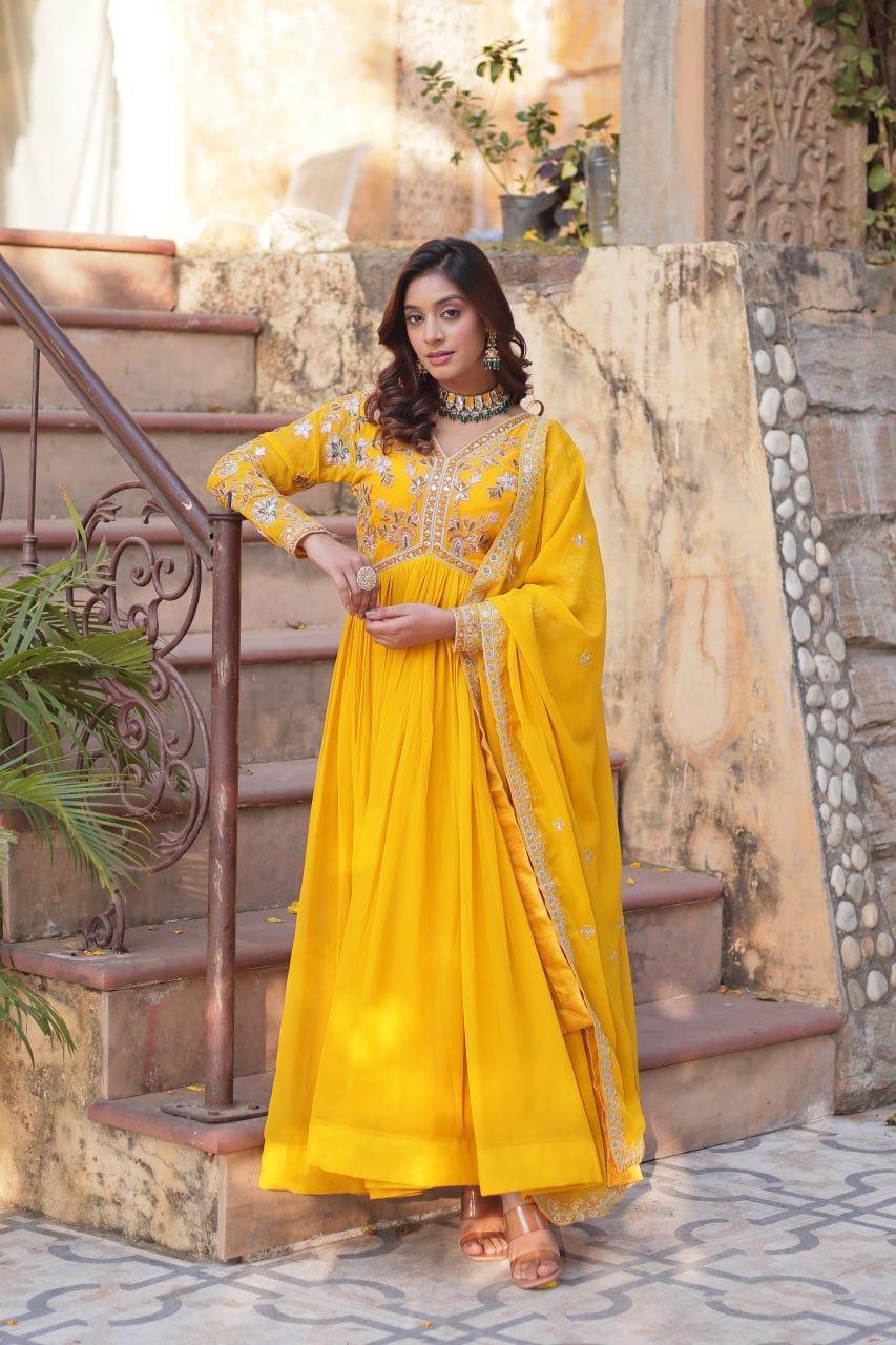 Faux Blooming Embroidery Zari Sequins Work Gown with Dupatta