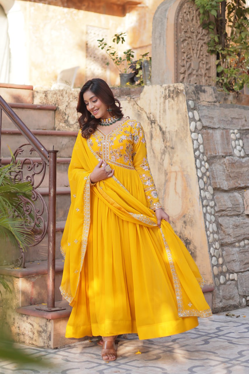 Faux Blooming Embroidery Zari Sequins Work Gown with Dupatta
