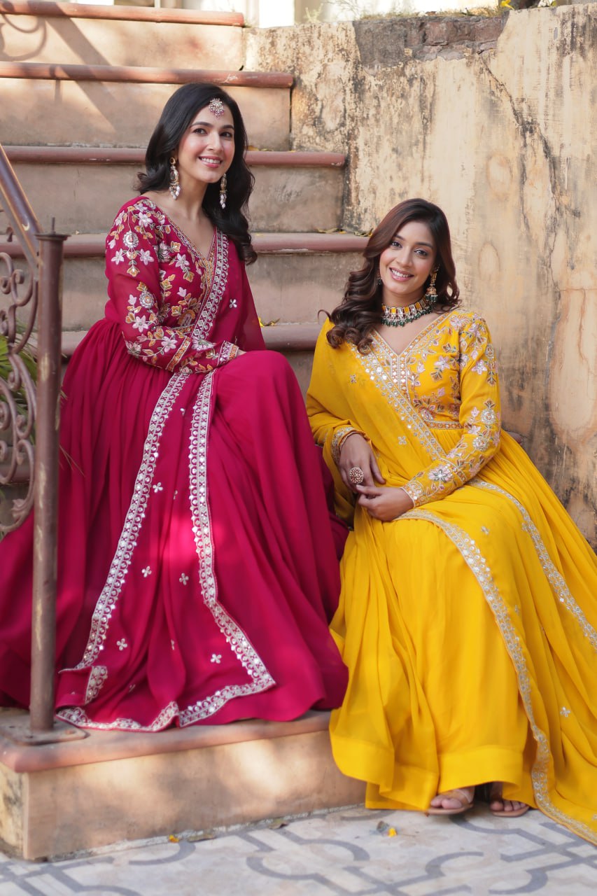 Faux Blooming Embroidery Zari Sequins Work Gown with Dupatta