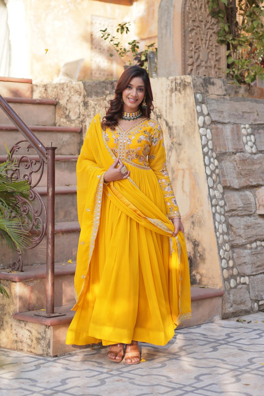 Faux Blooming Embroidery Zari Sequins Work Gown with Dupatta