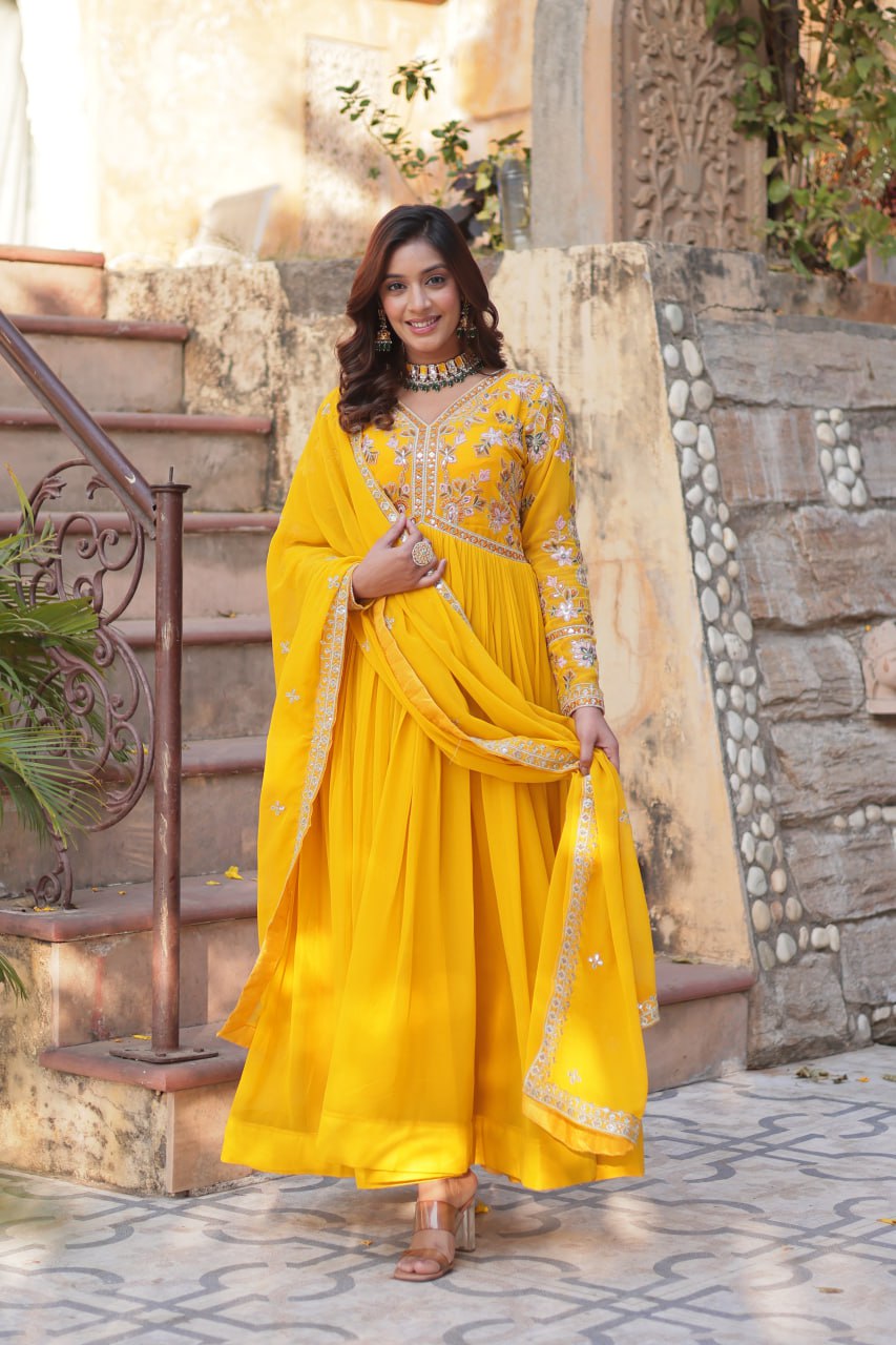 Faux Blooming Embroidery Zari Sequins Work Gown with Dupatta