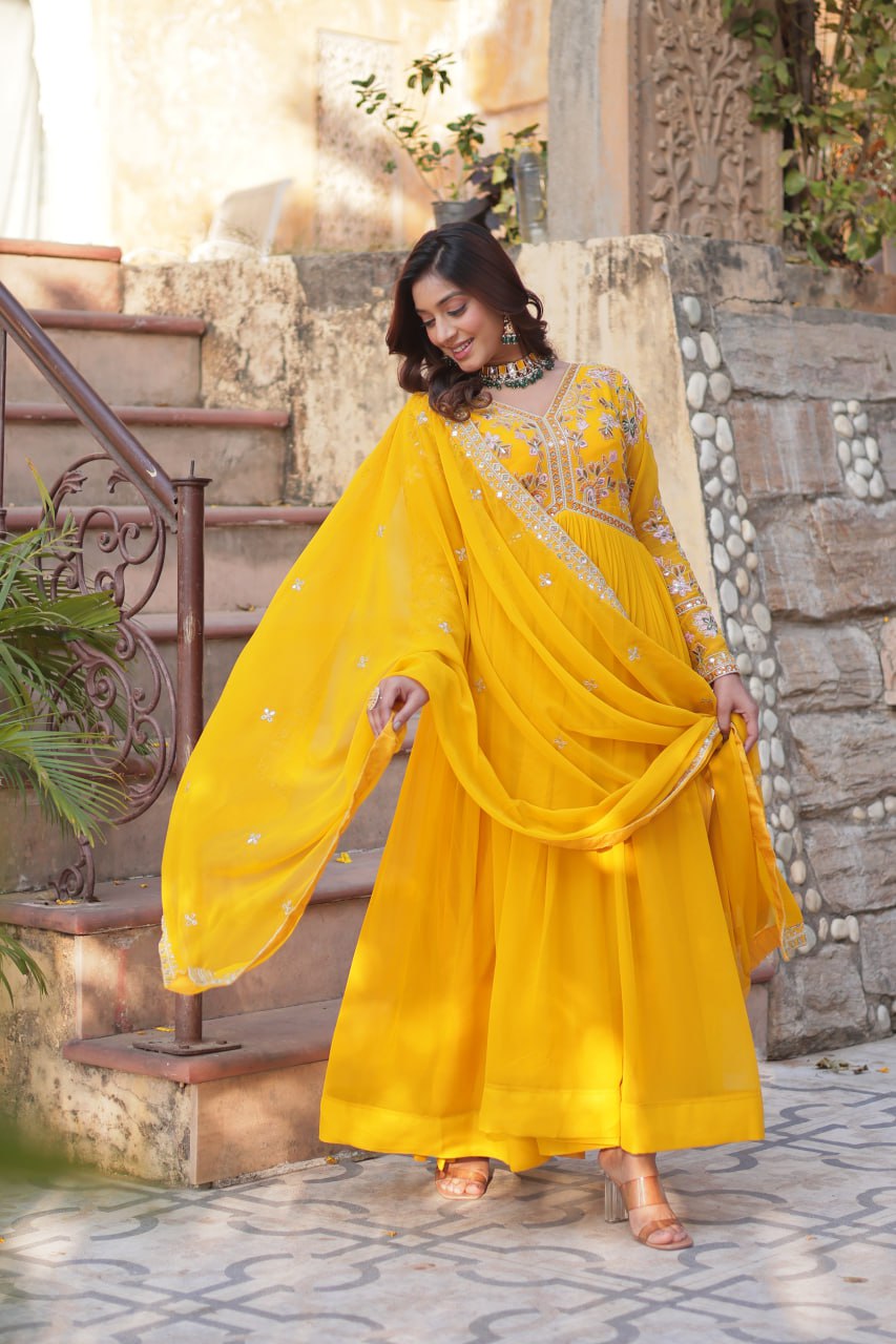Faux Blooming Embroidery Zari Sequins Work Gown with Dupatta