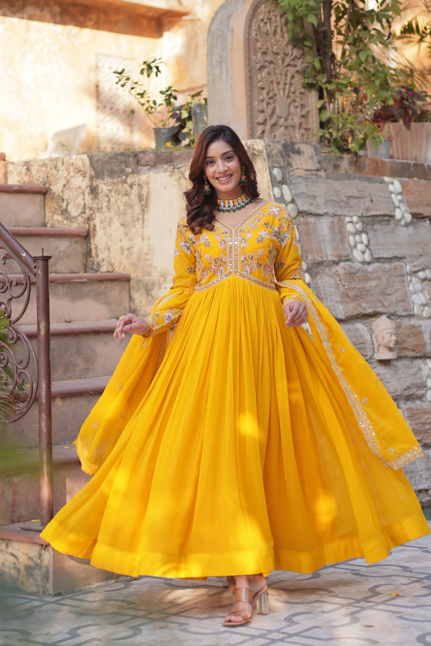 Faux Blooming Embroidery Zari Sequins Work Gown with Dupatta