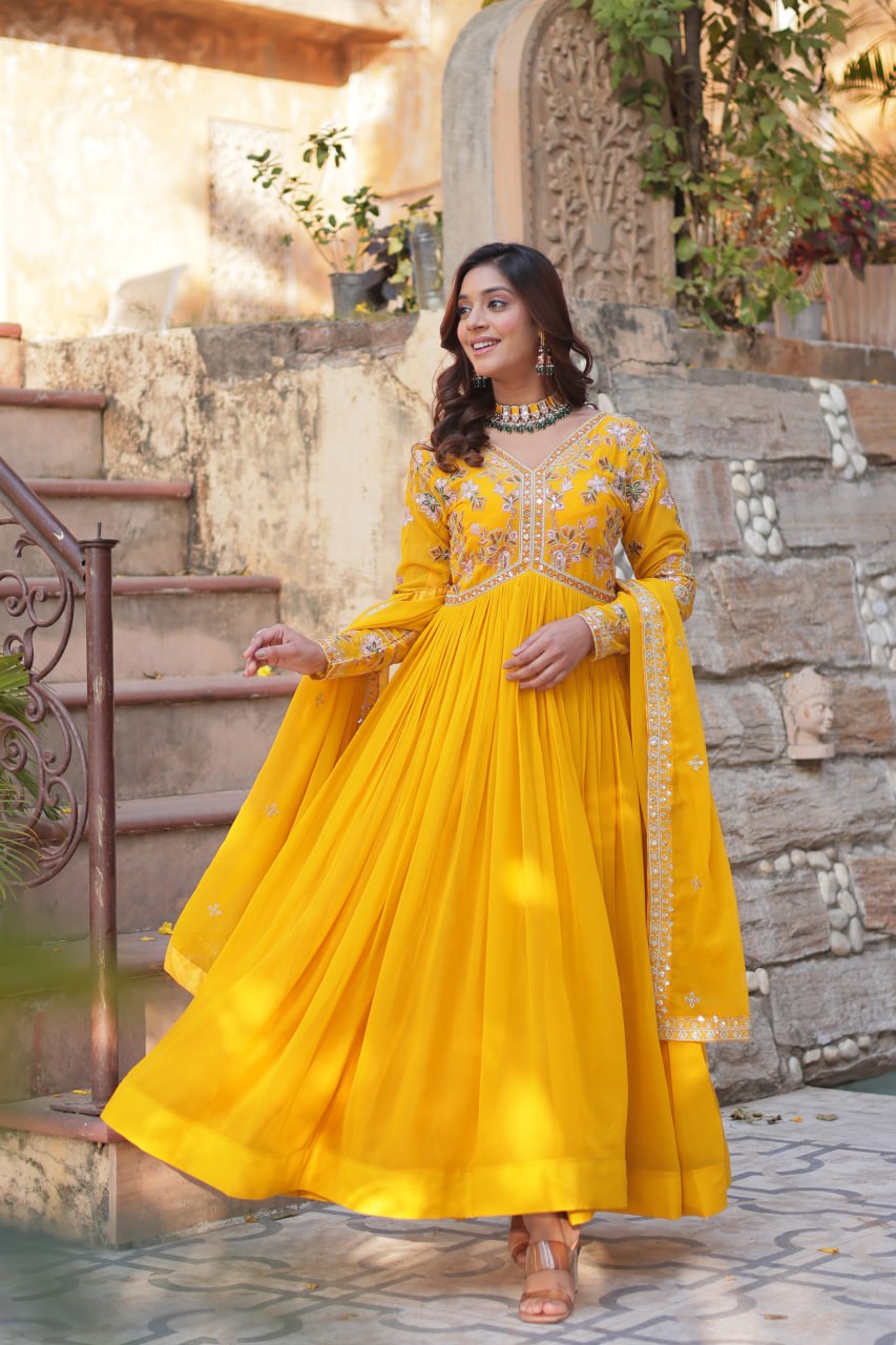 Faux Blooming Embroidery Zari Sequins Work Gown with Dupatta