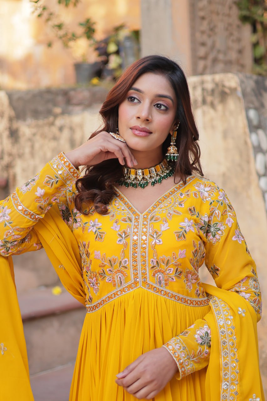 Faux Blooming Embroidery Zari Sequins Work Gown with Dupatta