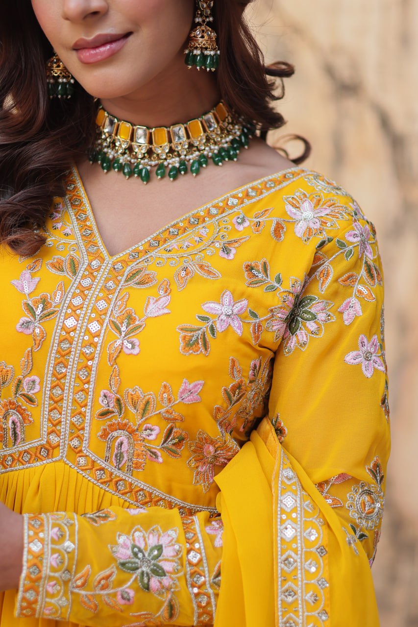 Faux Blooming Embroidery Zari Sequins Work Gown with Dupatta