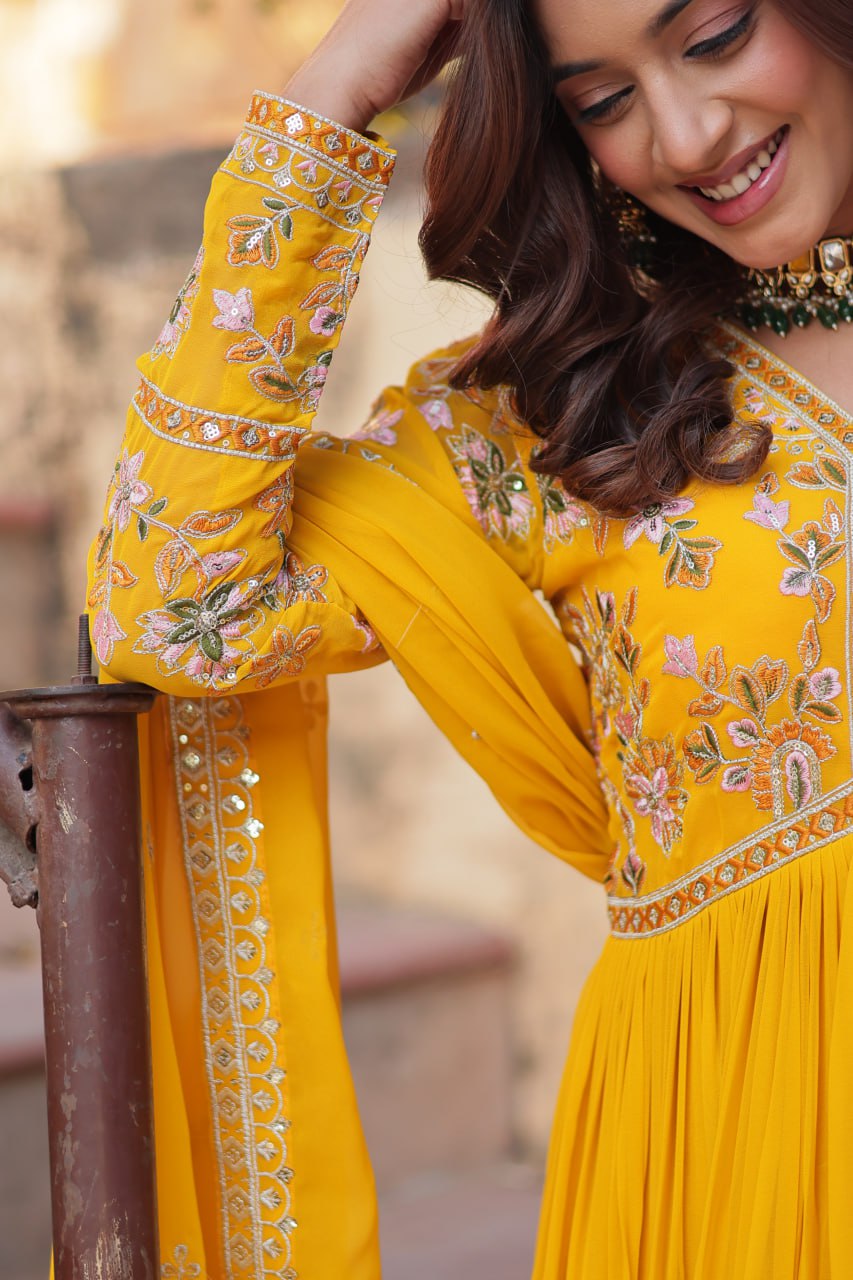 Faux Blooming Embroidery Zari Sequins Work Gown with Dupatta