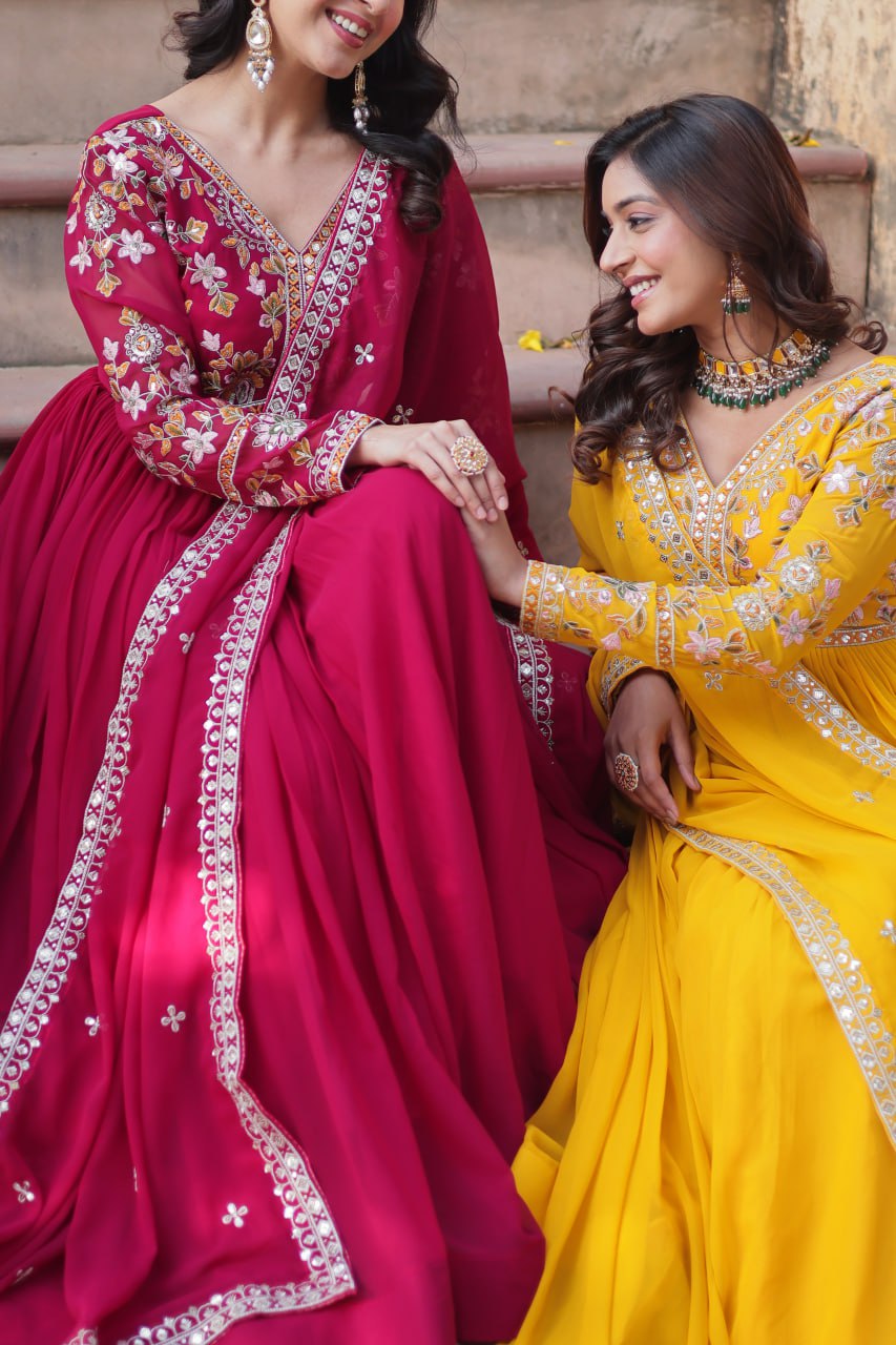 Faux Blooming Embroidery Zari Sequins Work Gown with Dupatta