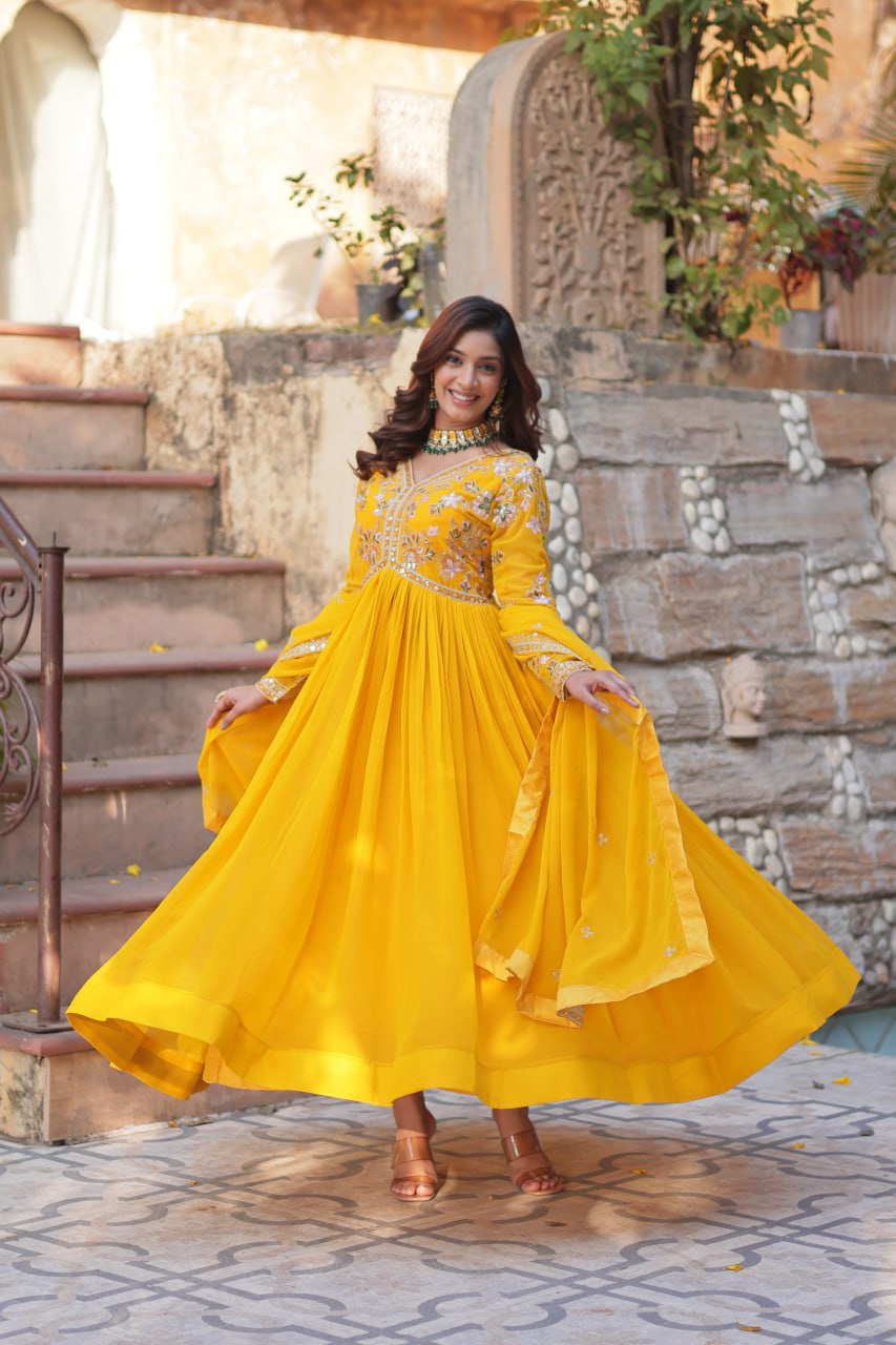 Faux Blooming Embroidery Zari Sequins Work Gown with Dupatta