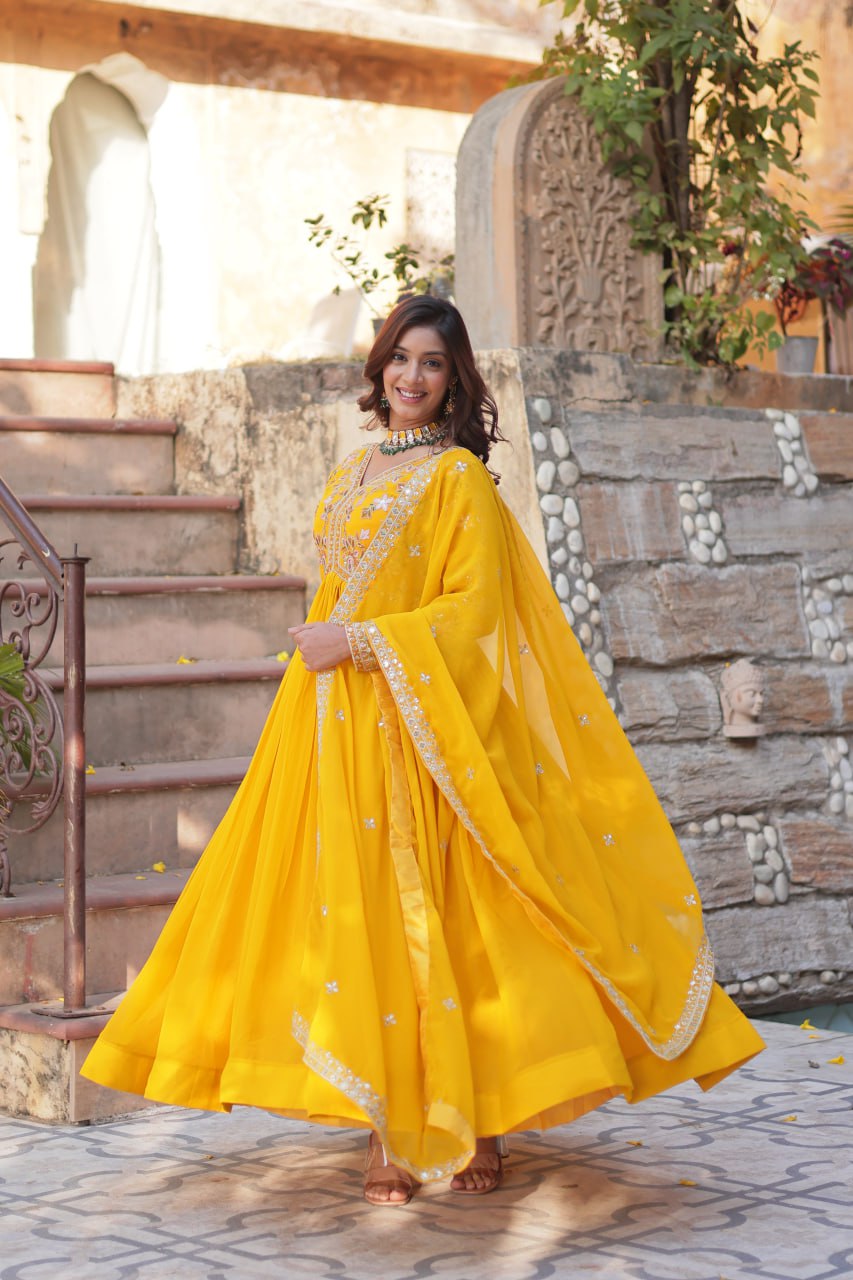 Faux Blooming Embroidery Zari Sequins Work Gown with Dupatta