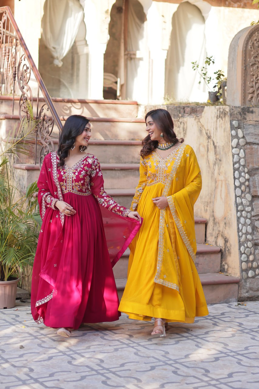 Faux Blooming Embroidery Zari Sequins Work Gown with Dupatta