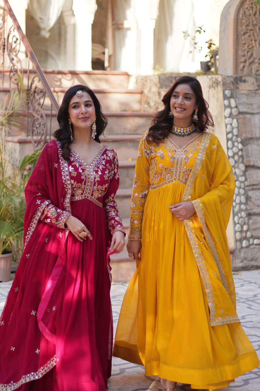 Faux Blooming Embroidery Zari Sequins Work Gown with Dupatta