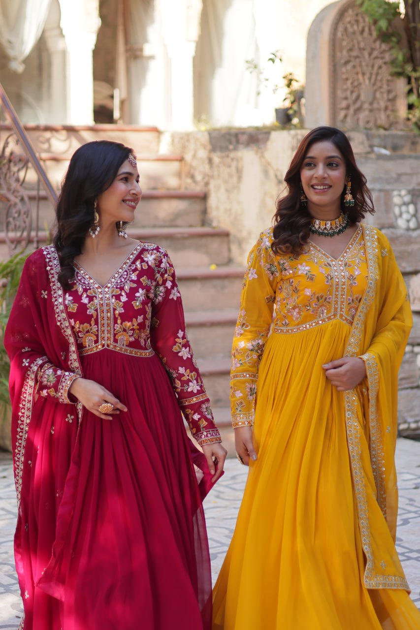Faux Blooming Embroidery Zari Sequins Work Gown with Dupatta