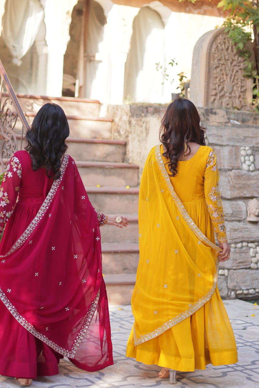 Faux Blooming Embroidery Zari Sequins Work Gown with Dupatta