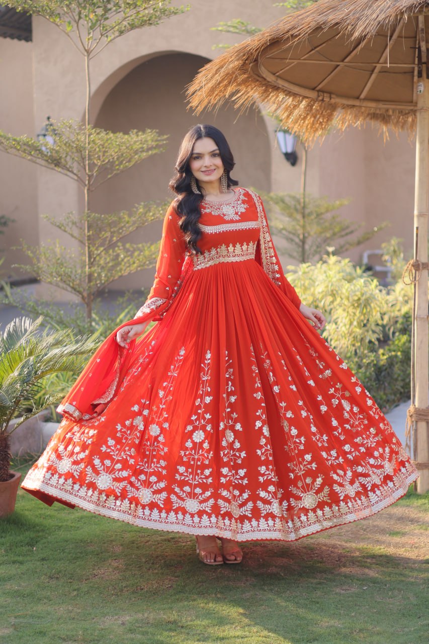 Faux Blooming Georgette Embroidered Gown with Dupatta