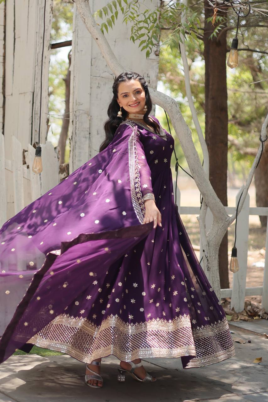 Faux Blooming Gown with Sequins Embroidered Work and Dupatta