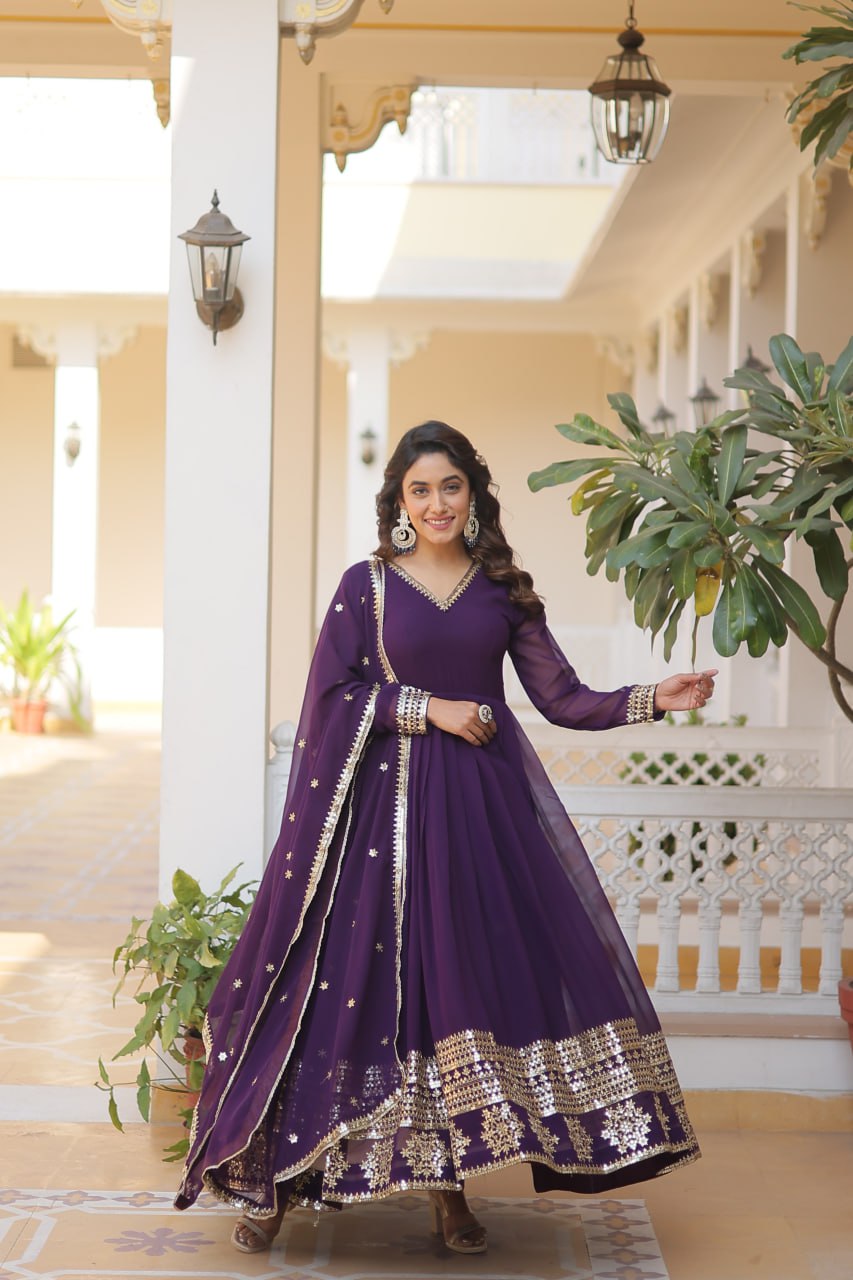 Faux Blooming Gown with Dupatta - Sequins Embroidered