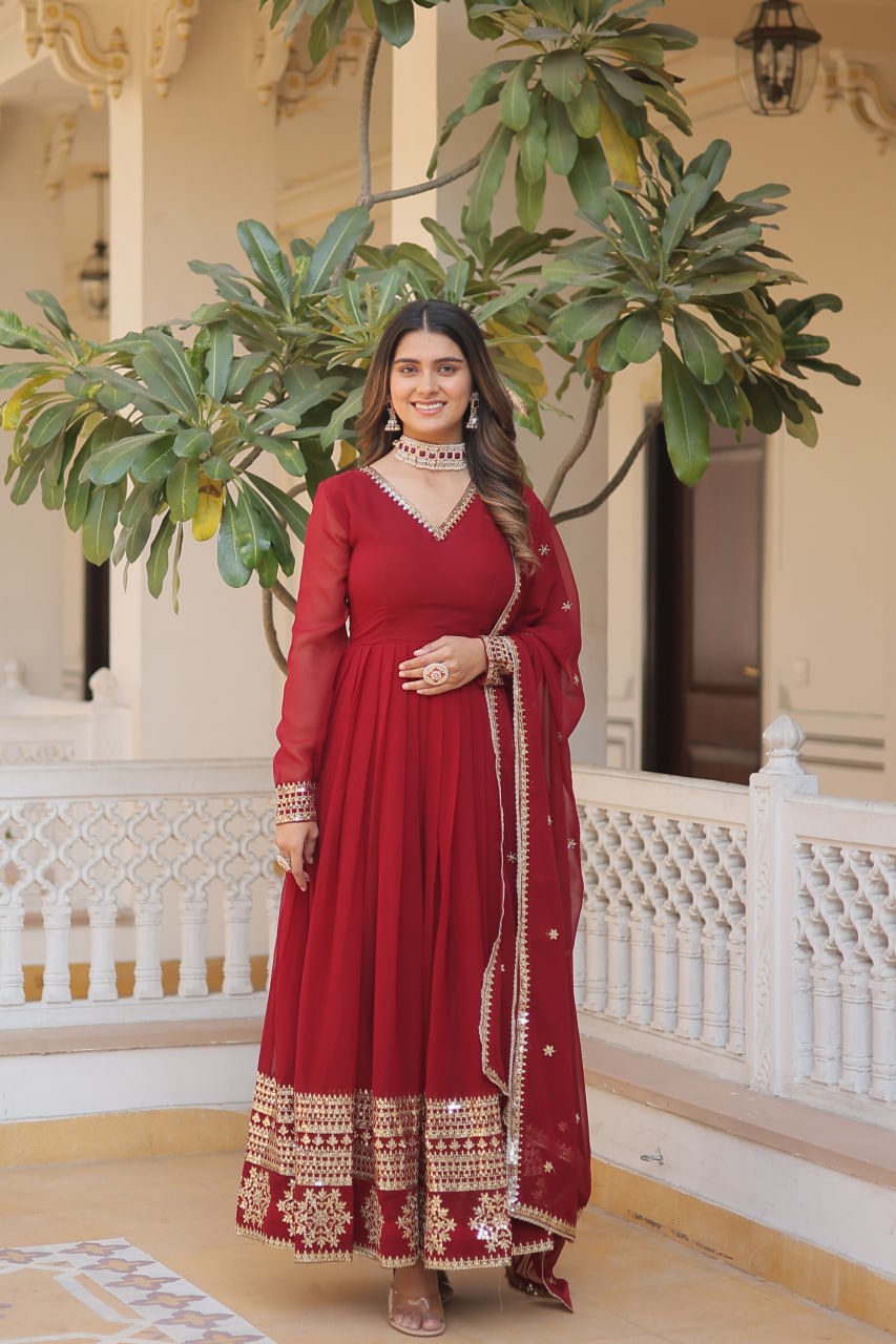 Faux Blooming Gown with Dupatta - Sequins Embroidered