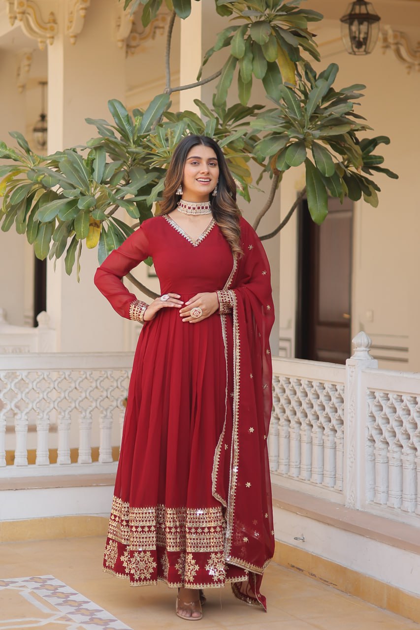 Faux Blooming Gown with Dupatta - Sequins Embroidered