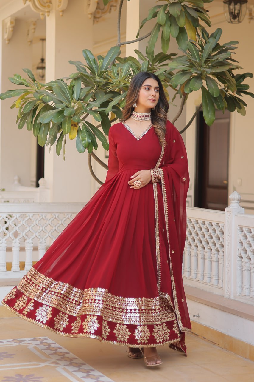 Faux Blooming Gown with Dupatta - Sequins Embroidered