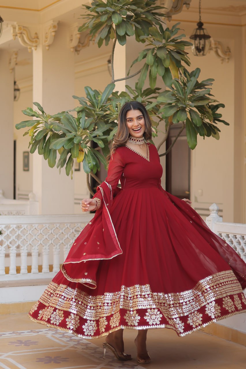 Faux Blooming Gown with Dupatta - Sequins Embroidered