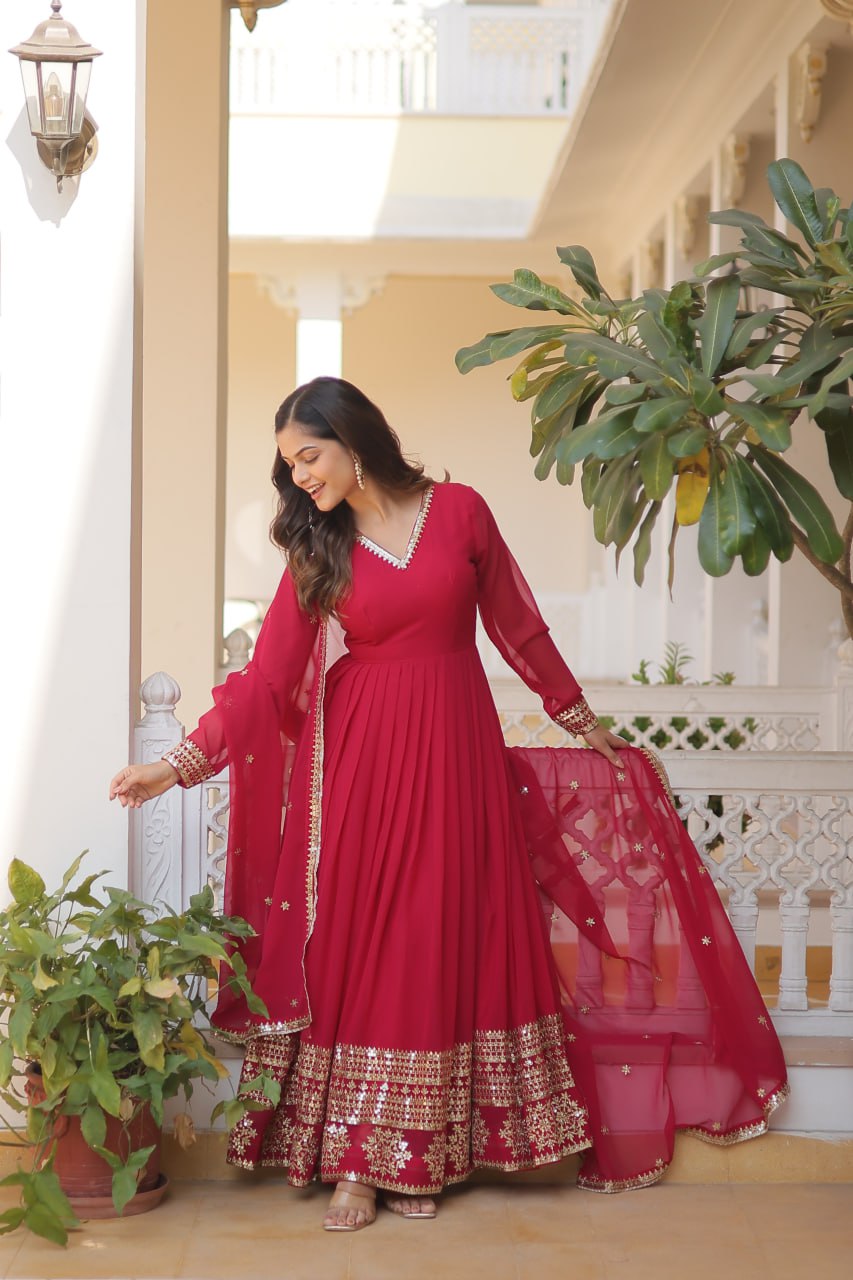 Faux Blooming Gown with Dupatta - Sequins Embroidered