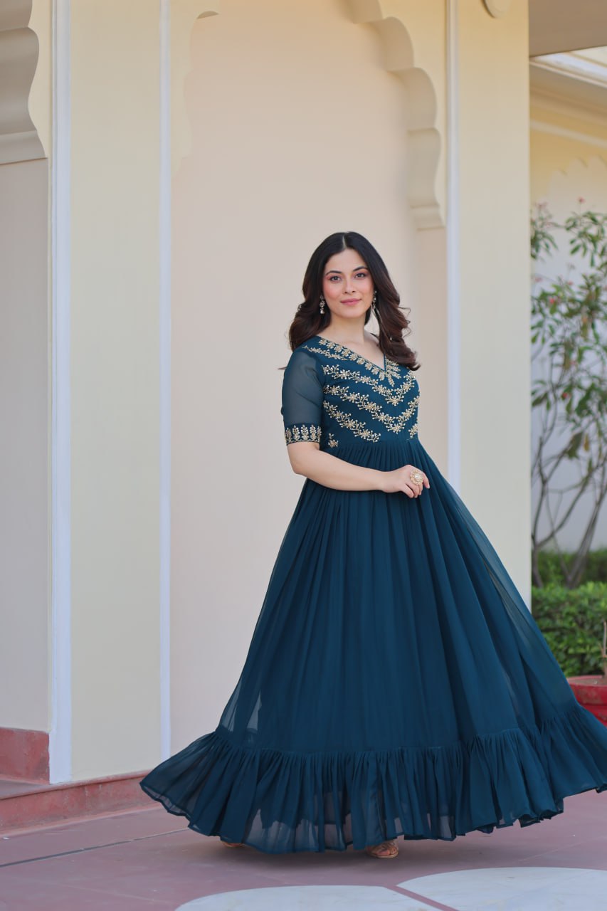 Faux Blooming Sequins Embroidered Gown