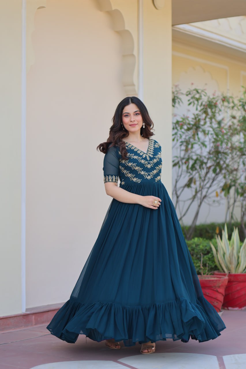 Faux Blooming Sequins Embroidered Gown