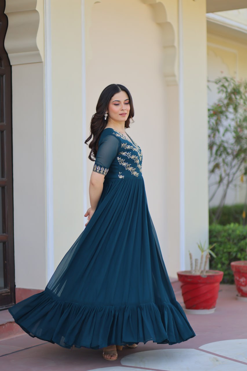 Faux Blooming Sequins Embroidered Gown