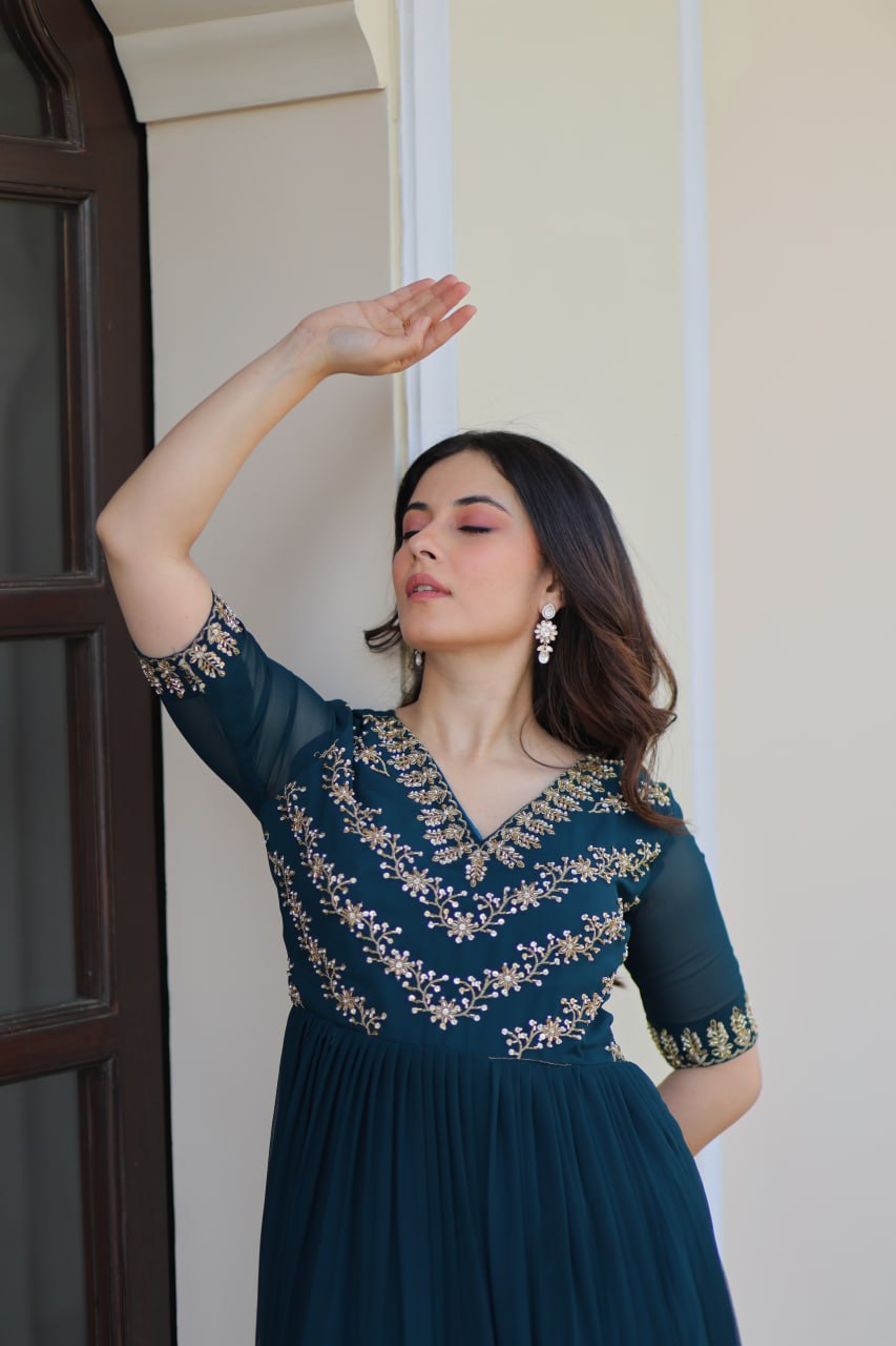 Faux Blooming Sequins Embroidered Gown
