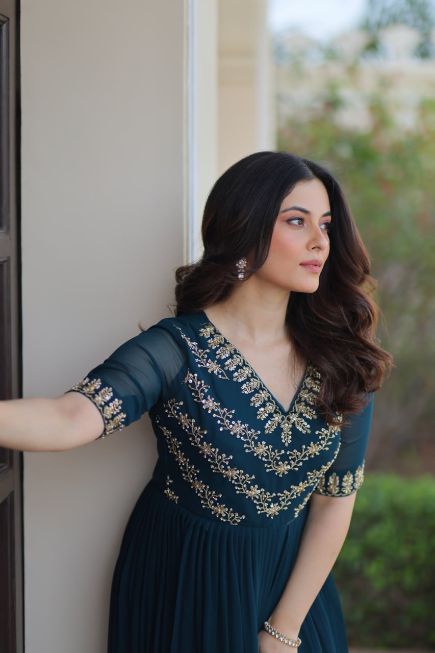 Faux Blooming Sequins Embroidered Gown