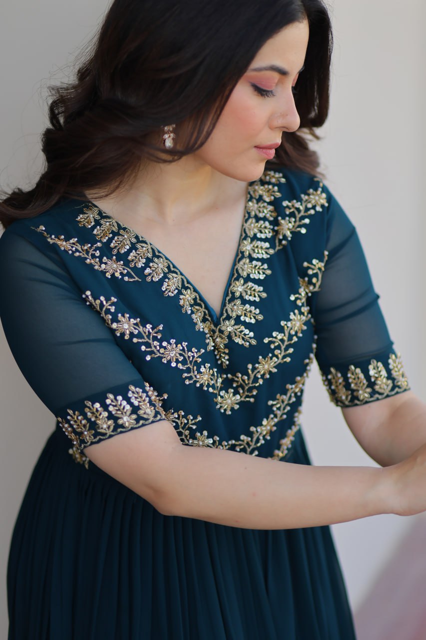 Faux Blooming Sequins Embroidered Gown