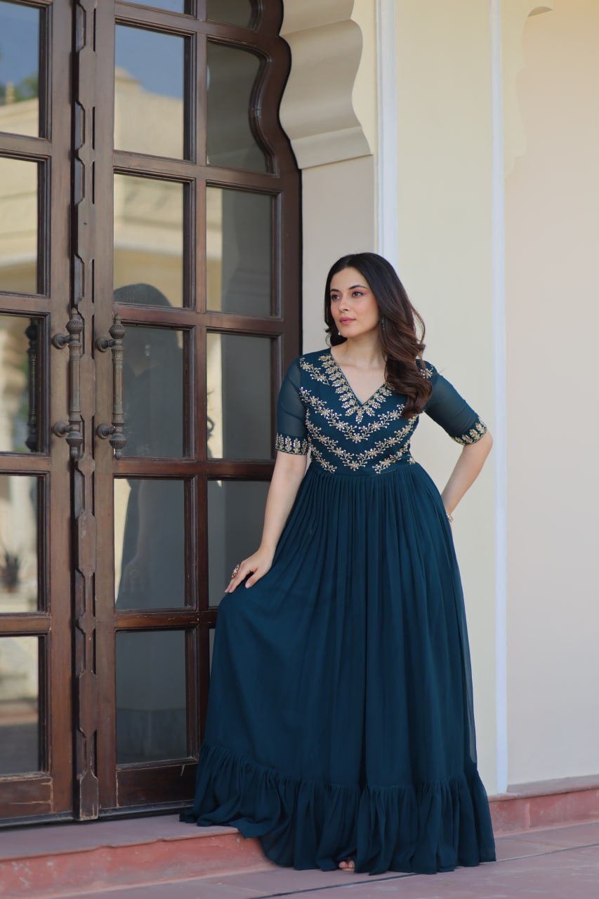 Faux Blooming Sequins Embroidered Gown