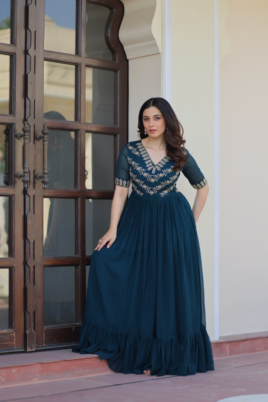 Faux Blooming Sequins Embroidered Gown