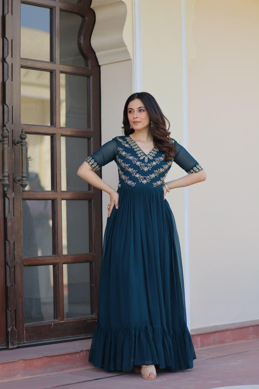 Faux Blooming Sequins Embroidered Gown