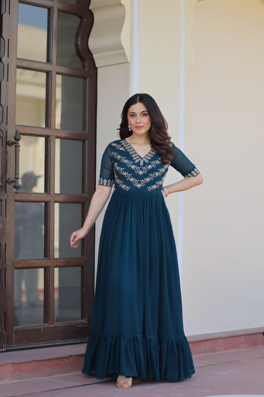 Faux Blooming Sequins Embroidered Gown