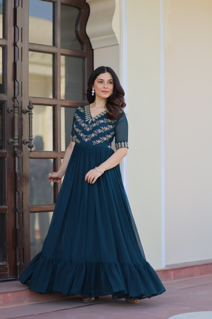 Faux Blooming Sequins Embroidered Gown