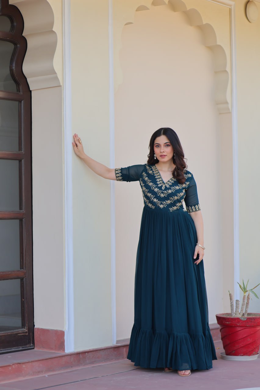 Faux Blooming Sequins Embroidered Gown