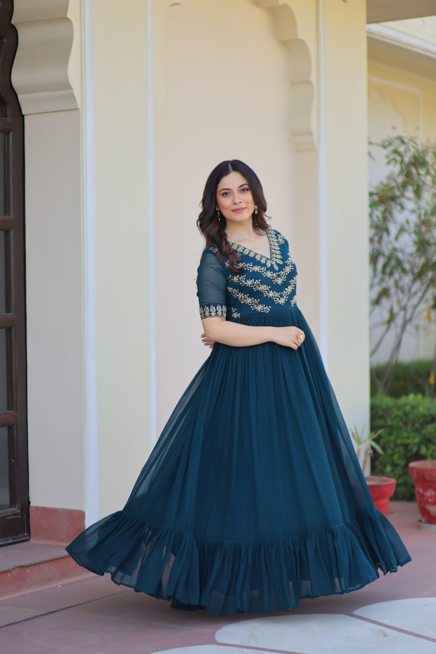 Faux Blooming Sequins Embroidered Gown