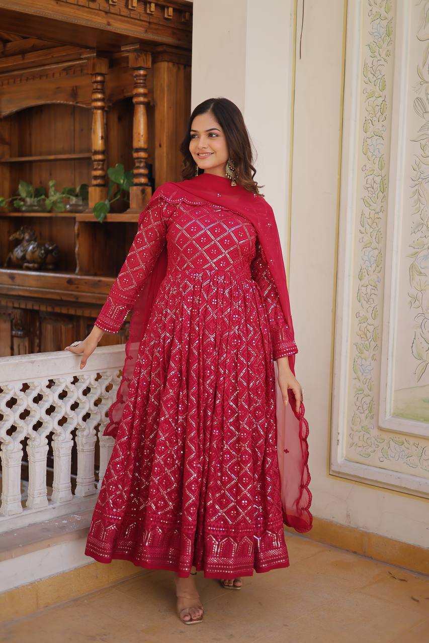 Faux Blooming Sequins Embroidered Gown with Dupatta