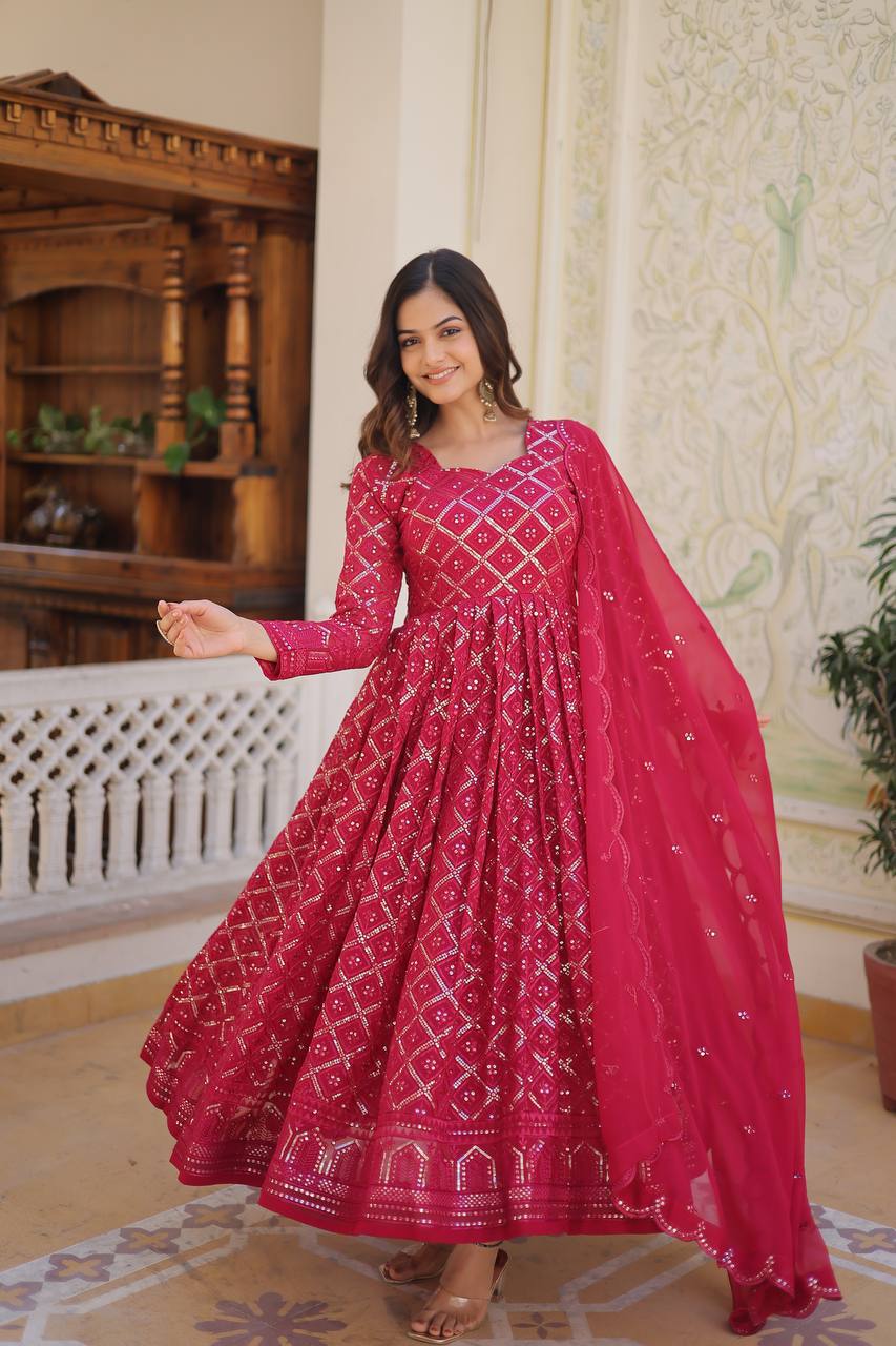 Faux Blooming Sequins Embroidered Gown with Dupatta