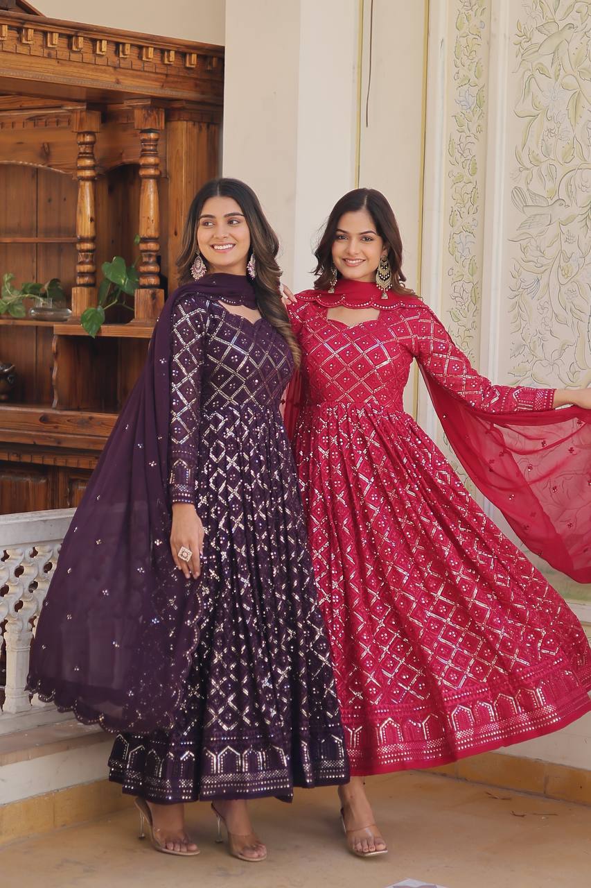 Faux Blooming Sequins Embroidered Gown with Dupatta