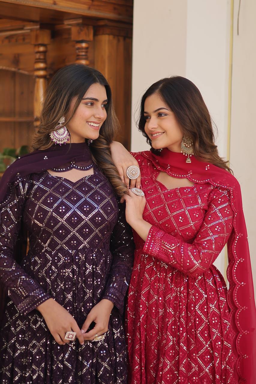 Faux Blooming Sequins Embroidered Gown with Dupatta