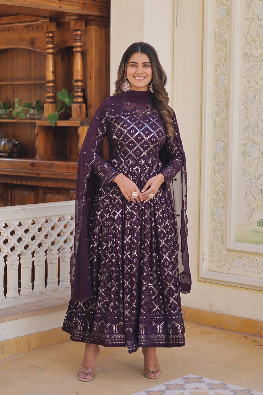 Faux Blooming Sequins Embroidered Gown with Dupatta