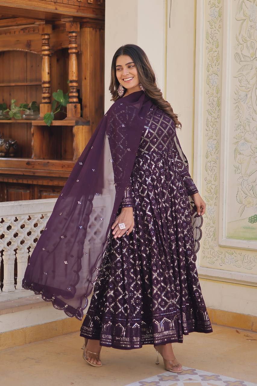 Faux Blooming Sequins Embroidered Gown with Dupatta