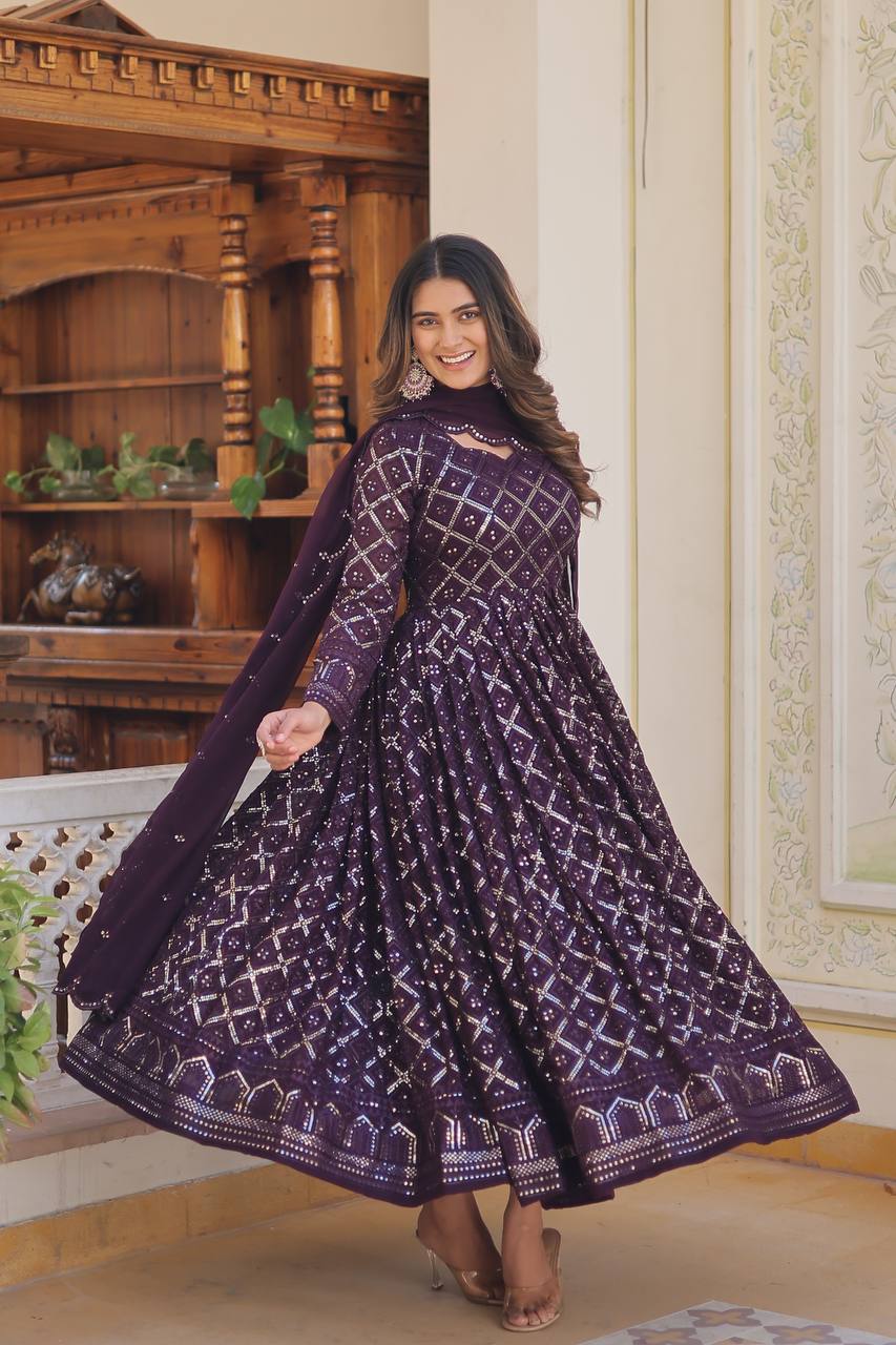 Faux Blooming Sequins Embroidered Gown with Dupatta