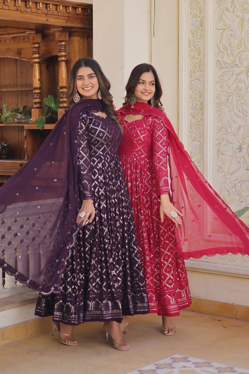 Faux Blooming Sequins Embroidered Gown with Dupatta