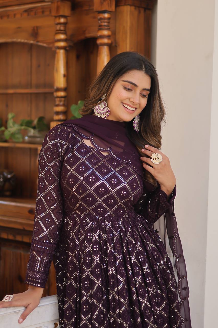 Faux Blooming Sequins Embroidered Gown with Dupatta