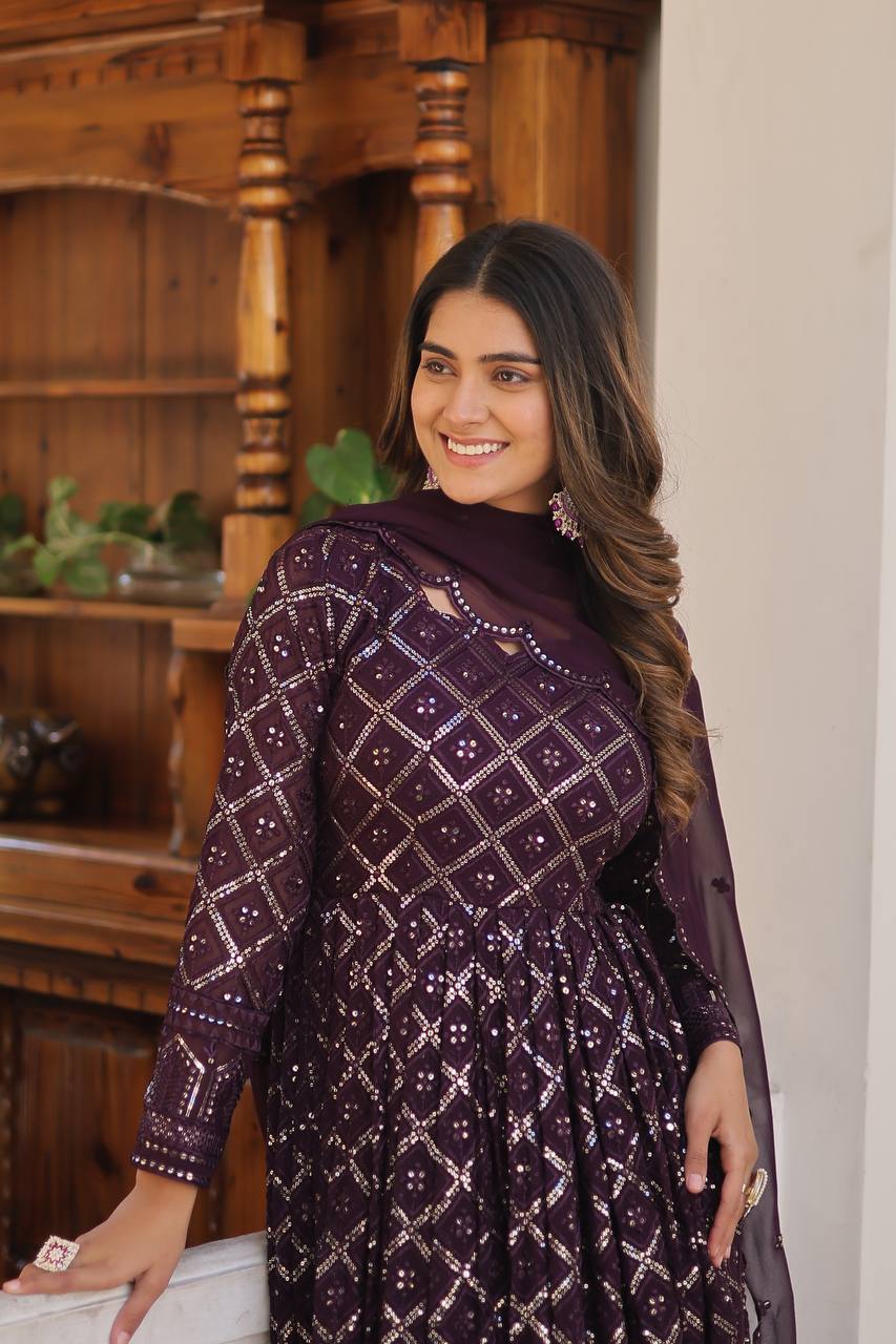 Faux Blooming Sequins Embroidered Gown with Dupatta