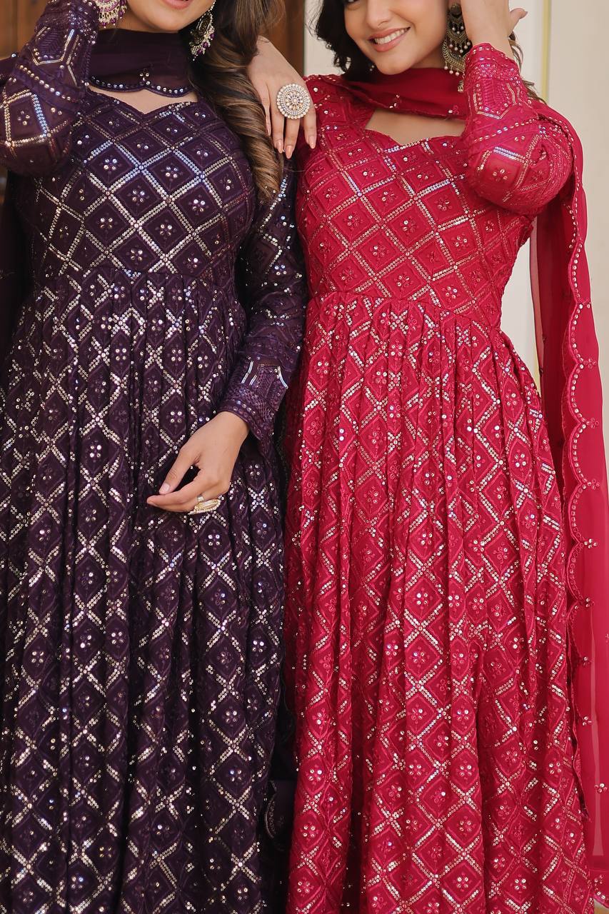 Faux Blooming Sequins Embroidered Gown with Dupatta